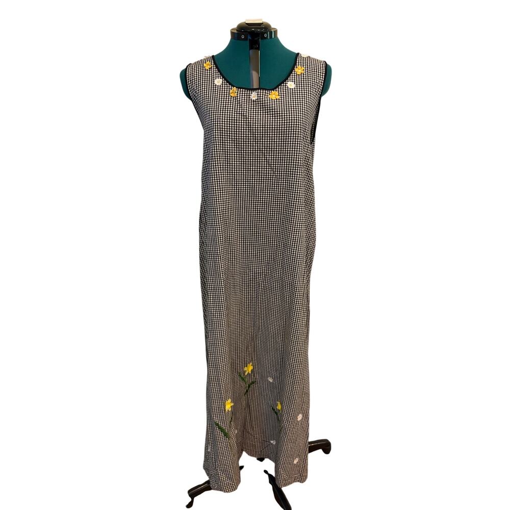 Lemongrass Womens XL Gingham Floral Embroidered‎ Shift Dress Cottagecore Cotton